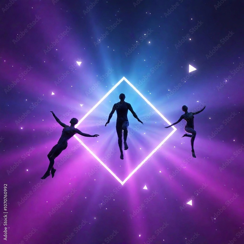 Human figures caught mid-transformation, their bodies becoming crystalline geometric shapes, floating weightlessly in a dreamscape of floating tetrahedrons and light beams. Human figures caught mid-transformation, their bodies becoming crystalline geometric shapes, floating weightlessly in a dreamscape of floating tetrahedrons and light beams.