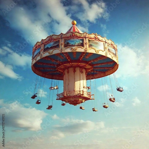 Surreal Dreamscapes, A whimsical carousel spinning in mid-air, with animals instead of horses.