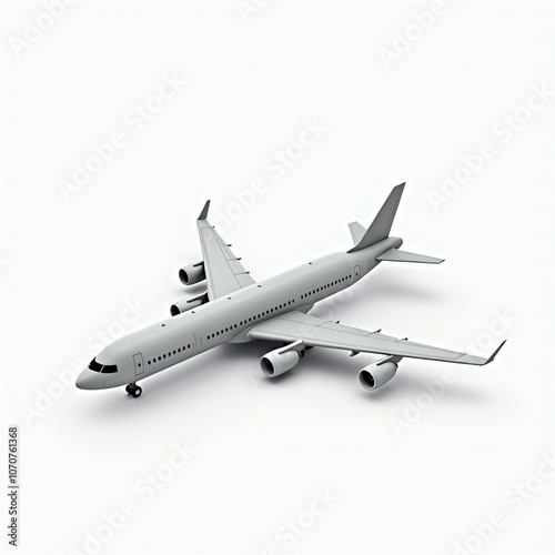 Sleek white airplane model captured from above, showcasing its streamlined design and modern features, symbolizing travel, innovation, and the excitement of air transport in a minimalist style