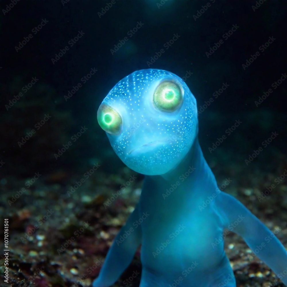 Obraz premium Bioluminescent Alien: A close-up portrait of a bioluminescent blue skin creature looking at camera 