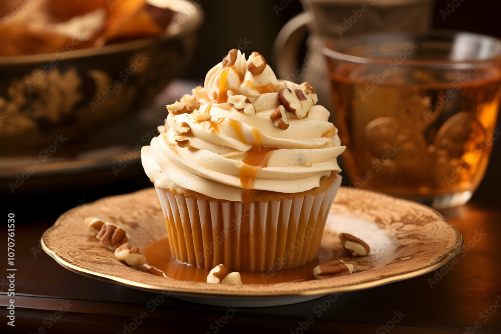 A delicious cupcake topped with frosting and nuts, served on a decorative plate. A delicious cupcake topped with frosting and nuts, served on a decorative plate.