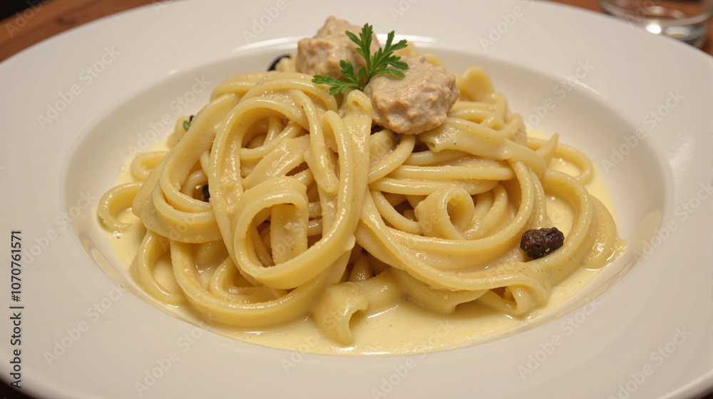 Creamy pasta dish with meatballs and garnish on white plate Creamy pasta dish with meatballs and garnish on white plate