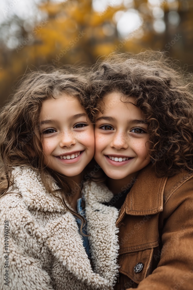 Two joyfully smiling sisters in cozy jackets embrace in an autumn setting, representing warmth and happiness. Two joyfully smiling sisters in cozy jackets embrace in an autumn setting, representing warmth and happiness.