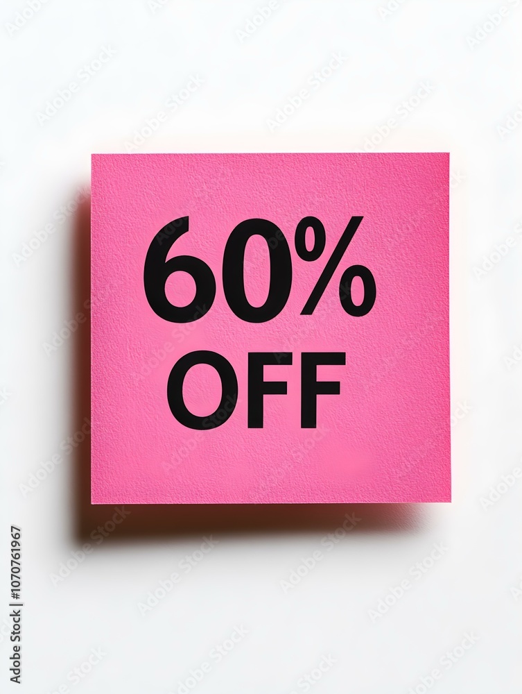 Black '60% OFF' Text on a Fuchsia Square Paper Note. White Background Black '60% OFF' Text on a Fuchsia Square Paper Note. White Background