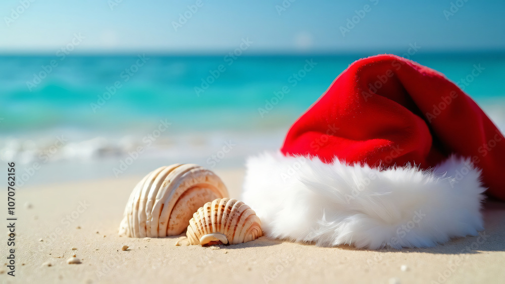 Festive Christmas spirit embodied in a vibrant red Santa hat resting on soft sandy beach alongside beautiful seashells, capturing the unique blend of holiday joy and summer vibes Festive Christmas spirit embodied in a vibrant red Santa hat resting on soft sandy beach alongside beautiful seashells, capturing the unique blend of holiday joy and summer vibes