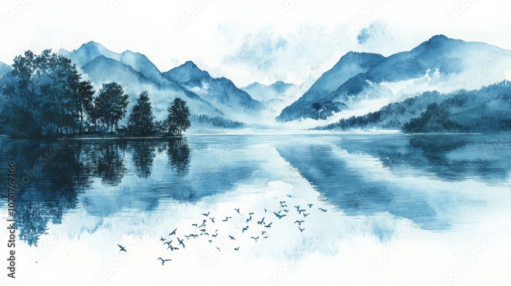 Serene Blue Lake Mountain Landscape Watercolor Painting Birds in Flight Serene Blue Lake Mountain Landscape Watercolor Painting Birds in Flight