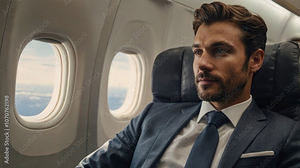 Handsome middle age business man sitting at the airplane and enjoying the flight
Handsome middle age business man sitting at the airplane and enjoying the flight