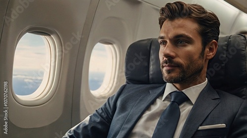 Handsome middle age business man sitting at the airplane and enjoying the flight 