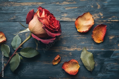 Red Rose in Vase on Old Wooden Background: Romantic and Rustic Floral Decor photo