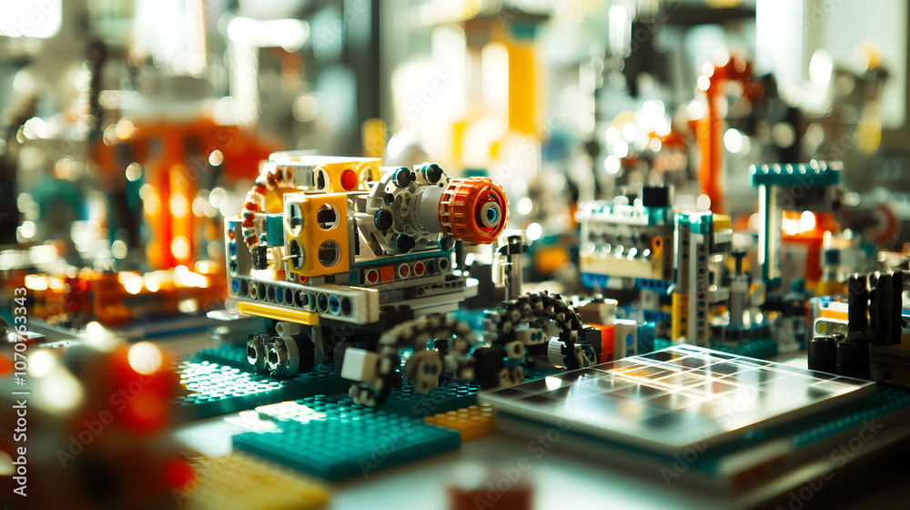 A Joyous Scene of Kids Actively Building Small Solar-Powered Robots, Problem-Solving and Collaborating Amidst a Bright and Colorful Environment A Joyous Scene of Kids Actively Building Small Solar-Powered Robots, Problem-Solving and Collaborating Amidst a Bright and Colorful Environment