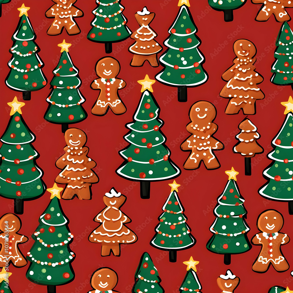 A festive pattern featuring decorated Christmas trees and gingerbread figures on a red background. A festive pattern featuring decorated Christmas trees and gingerbread figures on a red background.