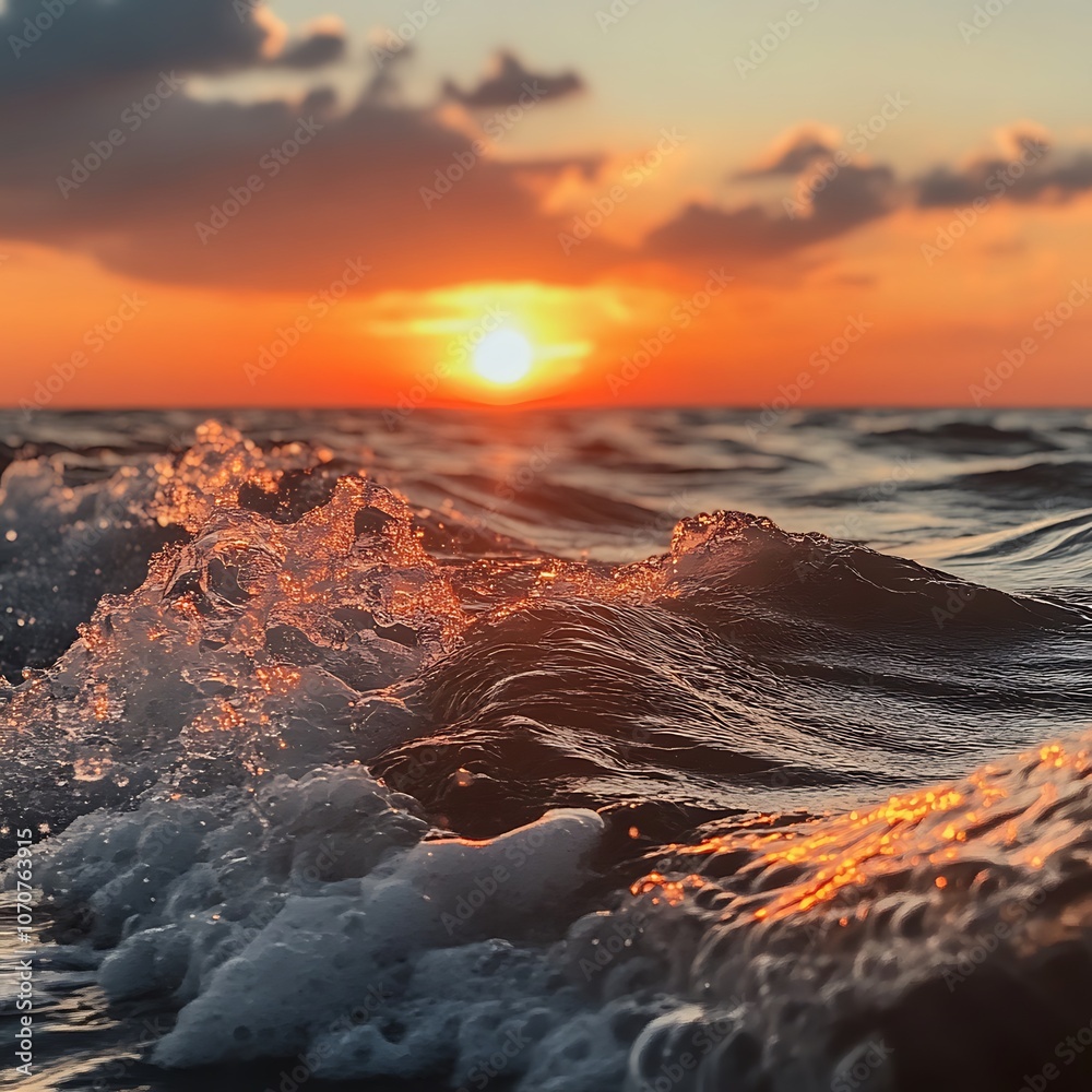 Fototapeta premium Golden waves crashing under a stunning sunset on the horizon, capturing the tranquility of the ocean at dusk
