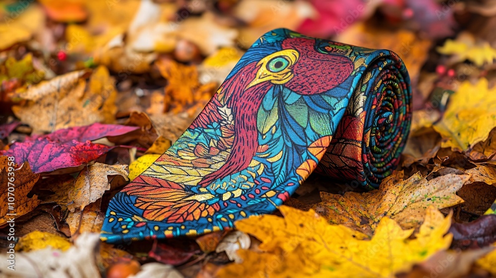 A vibrant turkey tie rests on a bed of autumn leaves, showcasing intricate patterns and colors. Perfect for festive occasions or as a cheerful accessory. A vibrant turkey tie rests on a bed of autumn leaves, showcasing intricate patterns and colors. Perfect for festive occasions or as a cheerful accessory.