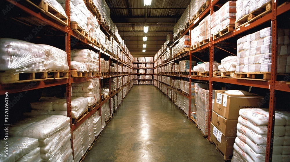 A well-structured warehouse setup shows stock rotation practices. Pallets are neatly organized along the aisles, ensuring efficient inventory management.