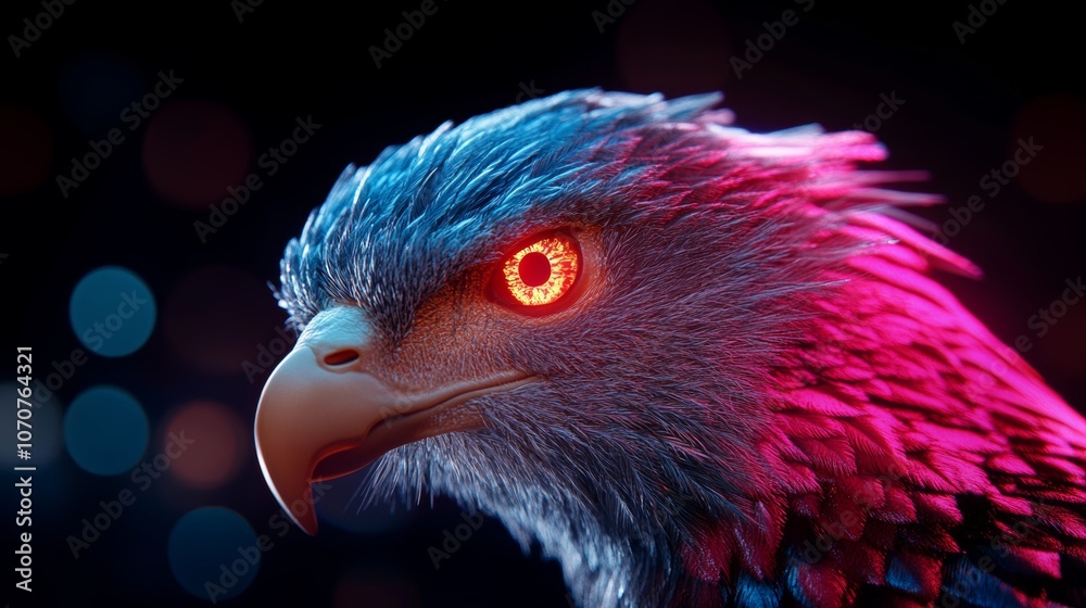 Fierce Eagle Portrait Neon Blue Pink Bird of Prey Closeup Fierce Eagle Portrait Neon Blue Pink Bird of Prey Closeup