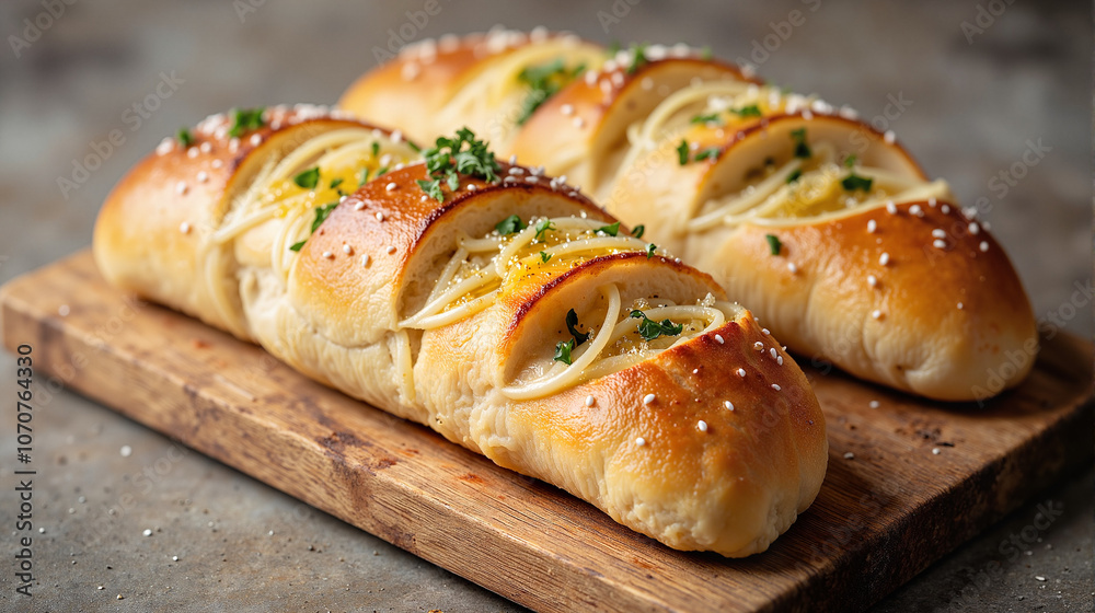 Golden braided bread with herbs on wooden board Golden braided bread with herbs on wooden board