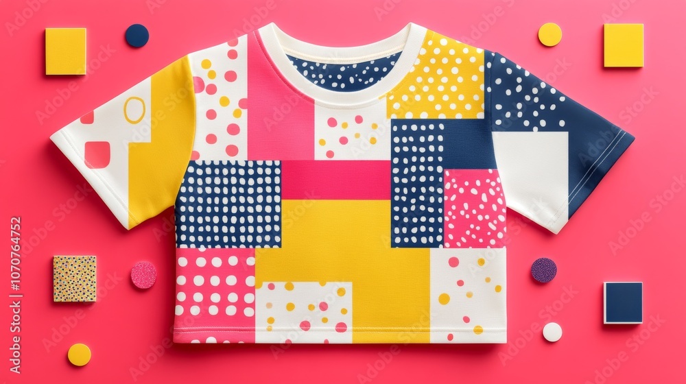 Fototapeta premium Colorful Geometric Pattern T Shirt Mockup Fashion Apparel Design Trendy Clothing