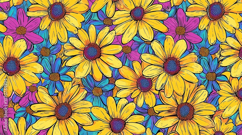 : A vibrant and colorful pattern showcasing large yellow daisies with intricate petal details and bold contrasting hues of pink, blue, and orange, creating a lively floral composition with a cheerful 