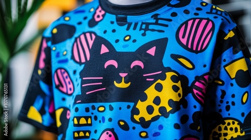 Cute Cat Print T Shirt Colorful Abstract Design Fashion Apparel photo