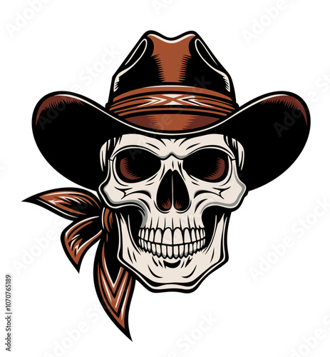 Human skull in cowboy hat and bandana