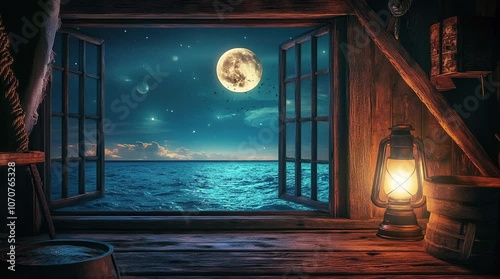 Wooden ship window with lantern and ocean view under full moonlight  
Seamless looping 4k time-lapse virtual video animation Generated AI