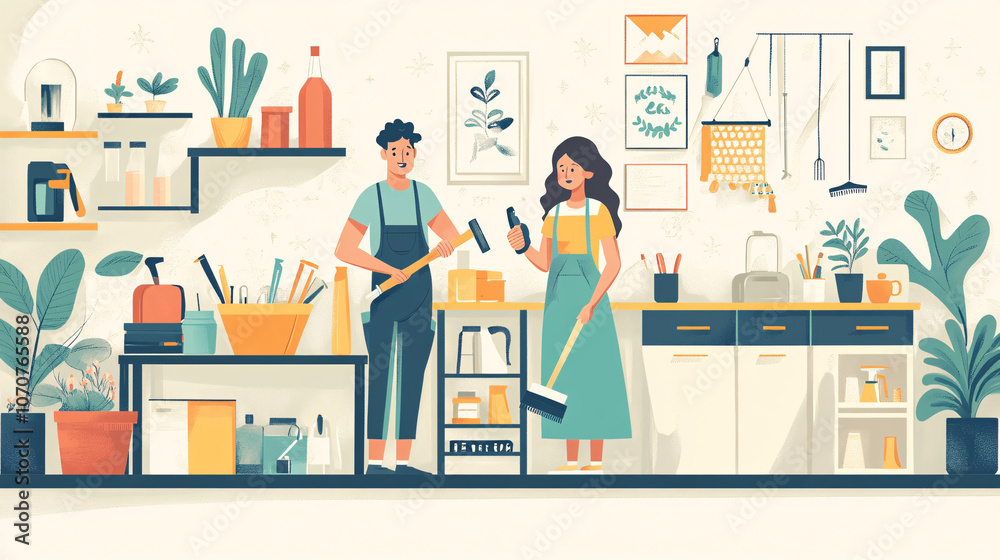 Flat illustration of a group of workers using various tools to clean and repair a home, perfect for household service icons