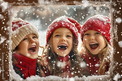 Three joyful children in red winter hats celebrate the season, laughing and caroling together. Snow blankets the backdrop, enhancing their cheerful spirits.