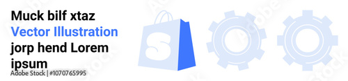 Shopping bag with an S on it alongside two gears representing the synergy of online shopping and technology. Ideal for e-commerce, online shopping, technology, digital marketplace, and automation