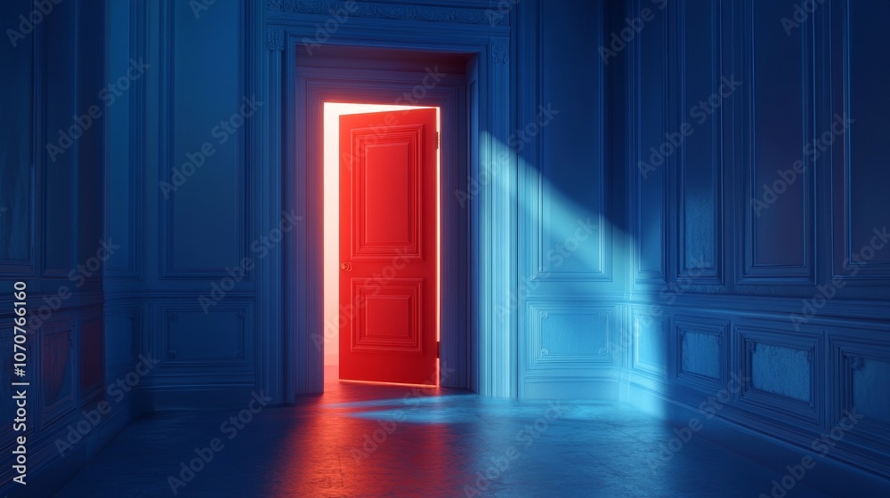 A single open red door stands as a beacon of hope in a dark blue room, illuminated by a beam of light symbolizing new beginnings, opportunity, and a path forward. A single open red door stands as a beacon of hope in a dark blue room, illuminated by a beam of light symbolizing new beginnings, opportunity, and a path forward.