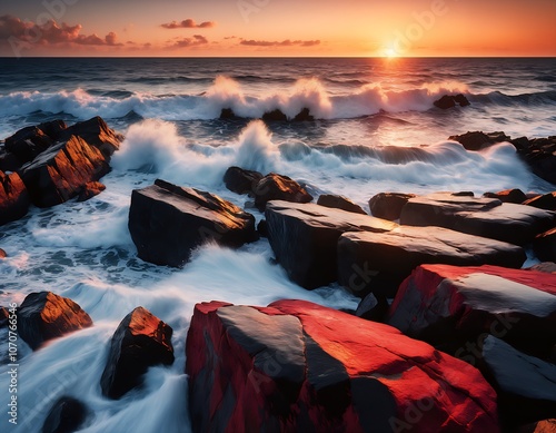 The sea batters red rocks at sundown