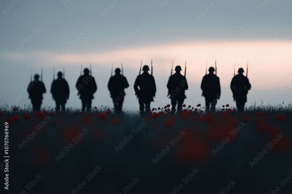 Fototapeta premium Poppies bloom in a tranquil field as soldiers march in silhouette for memorial tribute