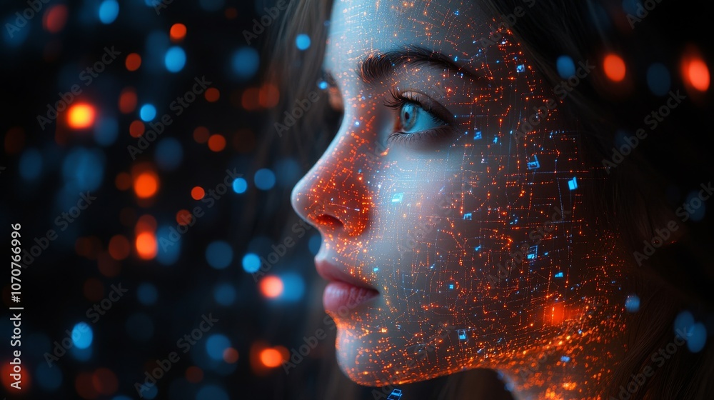 AI avatar technology showcases digital facial patterns and data in a futuristic setting AI avatar technology showcases digital facial patterns and data in a futuristic setting