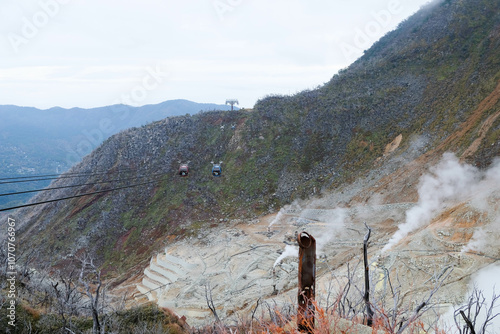 Owakudani, Japan- 29 Oct 2024: the volcano mountain with smoke and cable cars along the mountain with different colors rocks in yellow, brown and orange view from ropeway photo