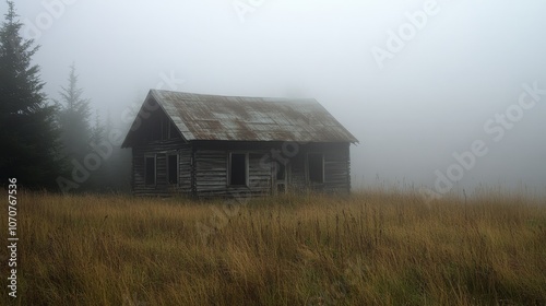 An abandoned cabin stands shrouded in thick fog, its weathered wood and broken windows hinting at forgotten stories and secrets. This image evokes themes of solitude, mystery, and the passage of time.