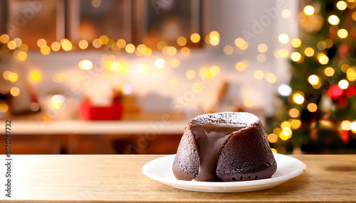 Schokoladenkuchen mit flüssigem Kern vor weihnachtlicher Wohnung  photo