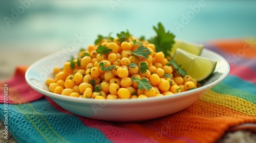 Mexican Street Corn Salad With Lime, Parsley And Spices On A Ethnic Cloth 