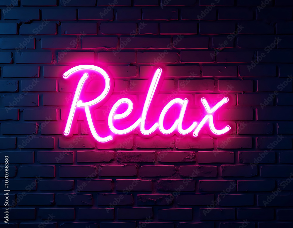 Relax lettering motivation quote glowing neon color on brick wall background. Relax lettering motivation quote glowing neon color on brick wall background.