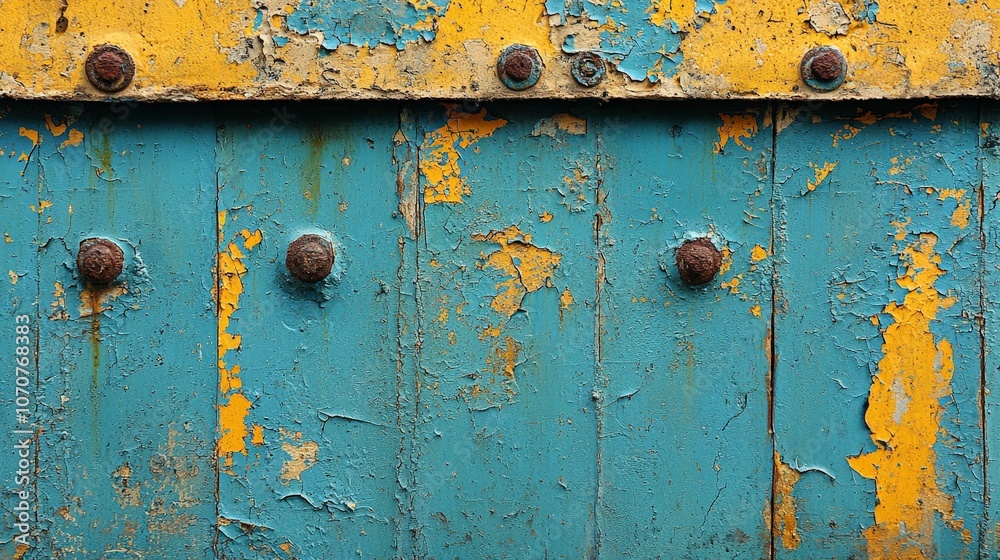 A close-up of weathered wood with blue and yellow paint, showcasing texture and decay. A close-up of weathered wood with blue and yellow paint, showcasing texture and decay.