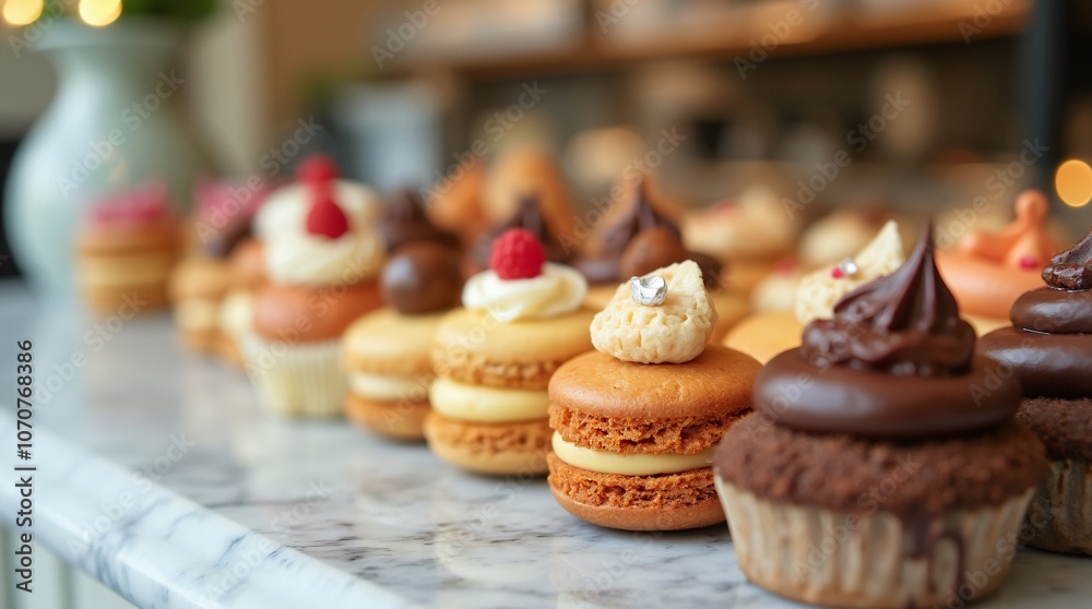 Macarons, Cupcakes Chocolate Sweet Desserts On A Marble Counter, Food Menu Photography Macarons, Cupcakes Chocolate Sweet Desserts On A Marble Counter, Food Menu Photography