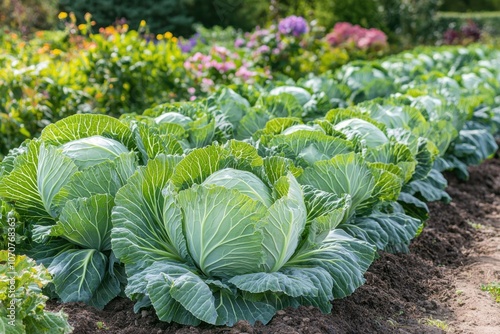 A vibrant garden scene featuring lush green cabbage heads growing in neat rows amidst colorful flowers.