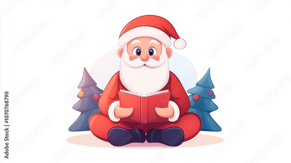 Cheerful santa reading a book surrounded by festive trees in a whimsical setting Cheerful santa reading a book surrounded by festive trees in a whimsical setting