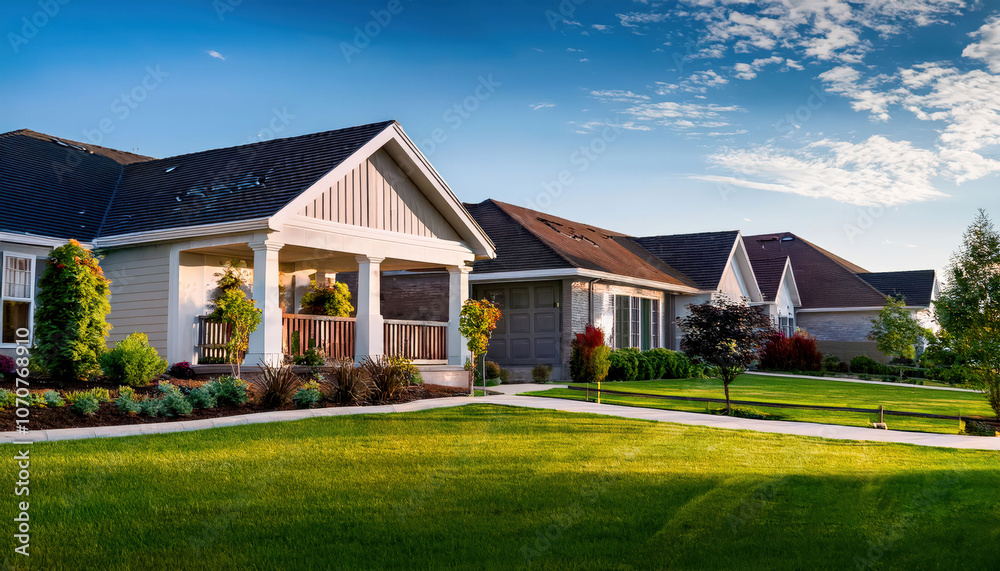 Captivating images of beautiful home exteriors with manicured lawns, showcasing curb appeal and perfect landscaping, highlighting well-designed architecture and vibrant outdoor spaces. Captivating images of beautiful home exteriors with manicured lawns, showcasing curb appeal and perfect landscaping, highlighting well-designed architecture and vibrant outdoor spaces.