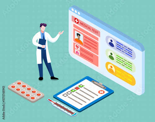 Doctor stands to explain the medical test of patient and reads some complaints from another people to makes a final diagnosis. Cartoon isometric vector illustration.