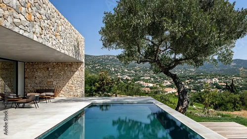 A modern home with a stone facade and a pool overlooks a valley in the Mediterranean