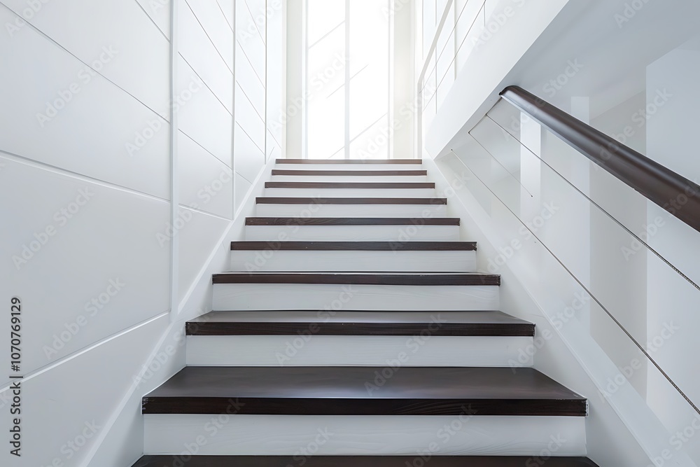A striking zigzag staircase with dark wood steps, white walls, and metal cable railings A striking zigzag staircase with dark wood steps, white walls, and metal cable railings