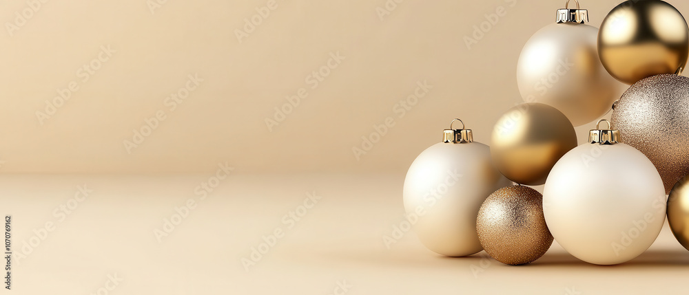 Elegant arrangement of gold and white Christmas ornaments on soft beige background, creating festive and warm atmosphere for holiday celebrations Elegant arrangement of gold and white Christmas ornaments on soft beige background, creating festive and warm atmosphere for holiday celebrations