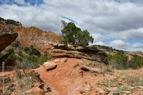 Juniper-Sunflower-Roho trails on a sunny day in Palo Duro Canyon State Park, Texas, United States photo