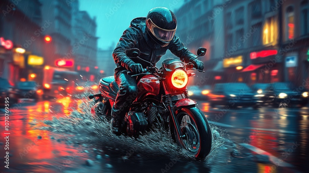 Motorcyclist riding in rainy city street at night with vibrant lights and reflections Motorcyclist riding in rainy city street at night with vibrant lights and reflections