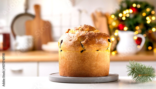 Panettone, italienische Kuchen, vor weihnachtlicher Küche 