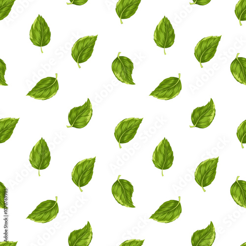 Mint leaves seamless pattern. Hand  drawn vector illustration. Minimalistic decorative ornament with peppermint, fragrant herb, spice on white background for design, card, textile, print, wrapping
